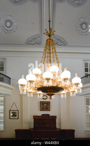 Close up of a decorative chandelier hanging Inside the historic Alabama State capitol Senate Chambers in Montgomery, AL Stock Photo