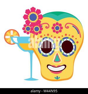 day of the dead skull mask and margarita cocktail Stock Vector