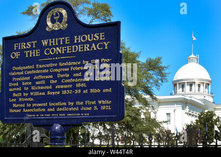 A prominent historical sign in front of the First White House of the Confederacy is located near the State Capitol in Montgomery,  AL Stock Photo
