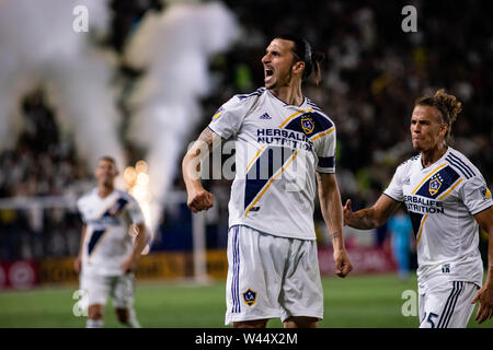 Carson, California, USA. 19th July, 2019. Who else? Zlatan Ibrahimovic (9) heads home his brace and the Galaxy's game-winning goal against LAFC and celebrates in style. Credit: Ben Nichols/Alamy Live News Stock Photo