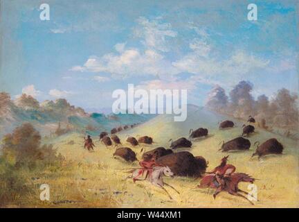 Comanche Indians Chasing Buffalo with Lances and Bows. Stock Photo