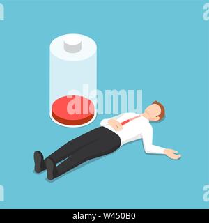 Flat 3d isometric businessman fainting on the floor with low energy battery. Stress and overwork concept. Stock Vector