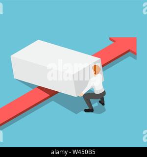 Flat 3d isometric businessman lifting up obstacle to let the red arrow pass. Overcome obstacles in business concept. Stock Vector