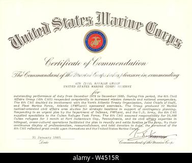 Commandant of the Marine Corps Certificate of Commendation 001 Stock ...