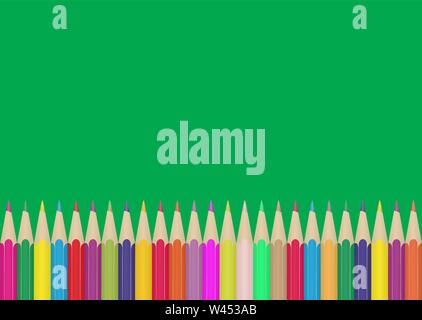 Set of colored Pencils on the edge of green background . Illustration for design and decoration of children's and school pictures. Stock Vector
