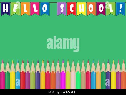 Set of colored Pencils and colored flags with the inscription Hello School. Illustration for design and decoration of children's and school pictures. Stock Vector
