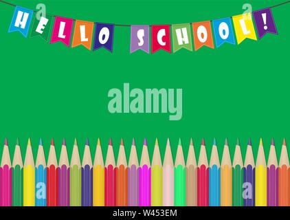 Set of colored Pencils and colored flags with the inscription Hello School. Illustration for design and decoration of children's and school pictures. Stock Vector