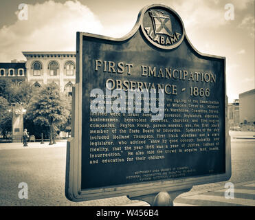 An historical marker commemorating the First Emancipation Observance of 1866 by former slaves, in Montgomery, AL, USA, in sepia Stock Photo