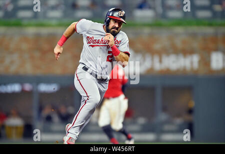 Atlanta, GA, USA. 19th July, 2019. Atlanta Braves catcher Brian McCann  heads to first after hitting a single on a line drive during the sixth  inning of a MLB game against the