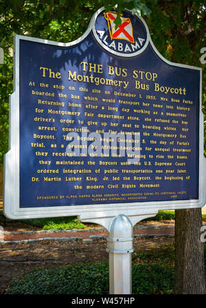 The historic marker of the bus stop where Rosa Parks boarded the bus and soon initiated the Montgomery Bus Boycott in Montgomery, AL, USA Stock Photo
