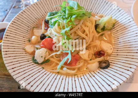 close-up of plate of Spaghetti aglio e olio Stock Photo