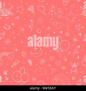 Cute vector unicorns and rainbow seamless pattern - hand drawn kawaii style illustration with imaginary horse from children fairytale. Pink version Stock Vector