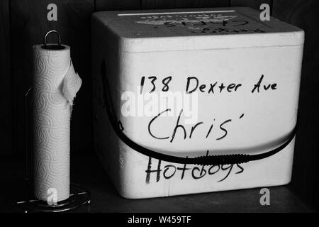 A Styrofoam cooler for pick up orders in dining area of  Chris' Famous Hot Dogs in Montgomery, AL, USA Stock Photo