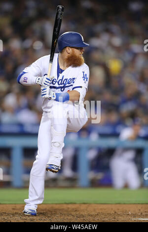 Los Angeles, CA, USA. 19th July, 2019. Los Angeles Dodgers third baseman Justin Turner (10) bats for the Dodgers during the game between the Miami Marlins and the Los Angeles Dodgers at Dodger Stadium in Los Angeles, CA. (Photo by Peter Joneleit) Credit: csm/Alamy Live News Stock Photo