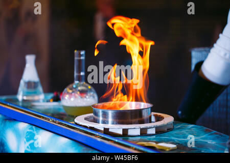 Explosion during the experiment. Unsuccessful experiment in the chemical laboratory. Stock Photo