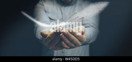 Human hand holding spaceship Innovative technologies. Mixed media. Stock Photo