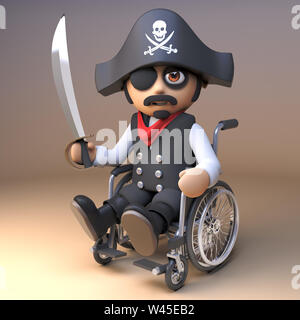 Pirate sea captain in eyepatch and skull and crossbones hat wields a cutlass while using a wheelchair, 3d illustration render Stock Photo