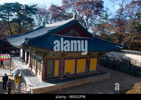 GYEONGJU CITY, SOUTH KOREA, November 2018, Tourist at the shrine of Avalokiteshwara, Bulguk Buddhist temple. Stock Photo