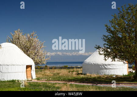 Yurts camp near Issyk Kul lake. Bokonbayevo. Kyrgyzstan Stock Photo