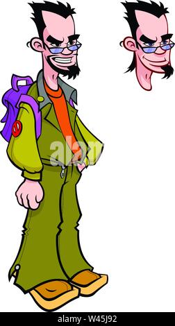 Young man with a backpack in glasses. Vector character for animation. Image is isolated on white background. Vector flat illustration. Branded mascot. Stock Vector