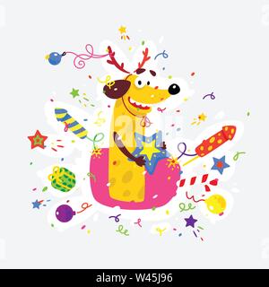 Yellow dog is the symbol of Chinese New Year. Vector flat illustration of a dog with crackers, fireworks, Bengal lights. The image is isolated from th Stock Vector