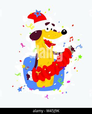 Yellow dog is the symbol of Chinese New Year. Vector flat illustration of a dog with an accordion. The image is isolated from the background. The holi Stock Vector