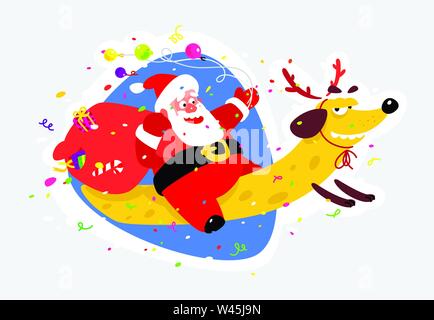 Lovely Santa Claus on a yellow dog. Chinese New Year and Christmas. Vector illustration isolated on white background. Suitable for printing and the we Stock Vector