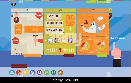 Infographics for the site and presentation. Vector image in a flat style. Vector graphics, tables, icons, numbers and illustrations for the site and c Stock Vector