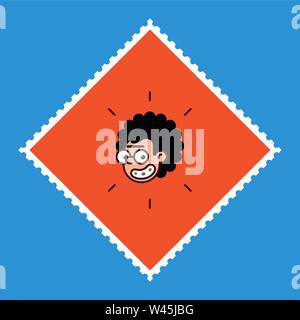 Cartoon character is a geek in a flat style. Vector image is isolated on a blue background. Comics logo of the company. Avatar, icon for print and sit Stock Vector