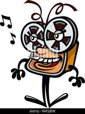 Cartoon funny tape recorder, character in a flat style. Vector Image isolated on white background. Icon illustration for print and website. Comic styl Stock Vector