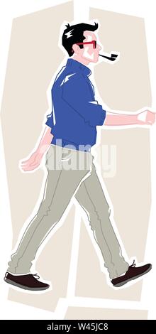 Illustration of a man in a flat style. Object isolated on white background. A fashionable hipster guy goes and smokes a pipe. Vector image of the char Stock Vector