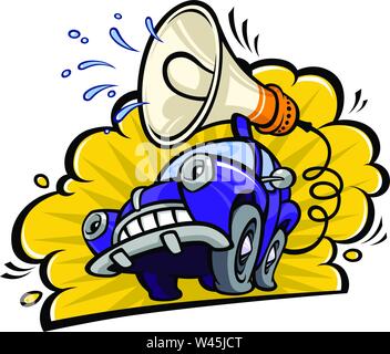 Cartoon funny car with a megaphone in a flat style. Vector Image isolated on white background. Icon illustration for print and website. Comic style. M Stock Vector