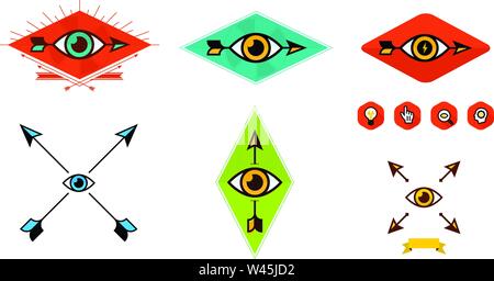 Set of logos for the company. Vector image isolated on white background. Logo of the eye and arrow. Different variants of arrows and eyes. Corporate s Stock Vector