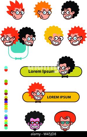 Cartoon characters geeks in a flat style. Vector image isolated on white background. Comics logo of the company. Avatar, icons of characters for print Stock Vector