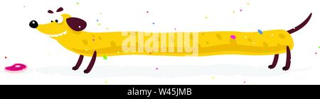 Nice yellow dog, dachshund. Vector illustration of a dog in a flat style. Yellow dog is like cheese. Image is isolated on white background. Hot Dog. S Stock Vector