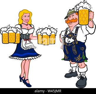 Cute man and woman in national German costumes. Vector illustration in a flat style. Image is isolated on white background. Company characters. Mascot Stock Vector