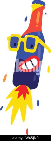 Merry Bottle in yellow glasses. Vector flat character for design projects. Image is isolated on white background. Icon of a bottle for a night club, a Stock Vector