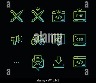Set of vector icons of different professions. Icons for developers of mobile applications. Icons isolated on a black background. Information Technolog Stock Vector
