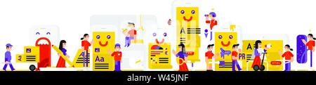 Illustration of the characters involved in the development of mobile applications. Vector illustration in a flat style. Image is isolated on white bac Stock Vector