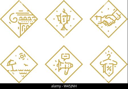 Set of vector icons on different topics. Icons isolated on white background. Cup. The Greek Column. Relax on the beach. Megaphone. Discounts. Handshak Stock Vector