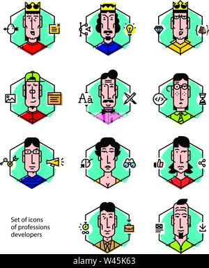 Set of vector icons of people's professions. Icons isolated on white background. Contour portraits of office workers icons. Vector icons in a flat sty Stock Vector