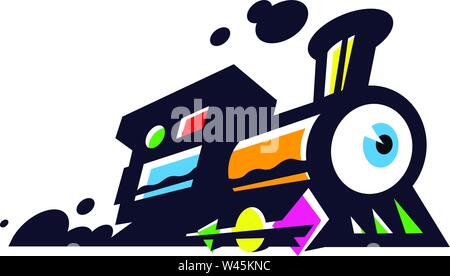 Logotype of the train, locomotive. Vector flat icon. Minimalistic image on a white isolated background. Surrealistic sign, emblem for logo. A bright c Stock Vector