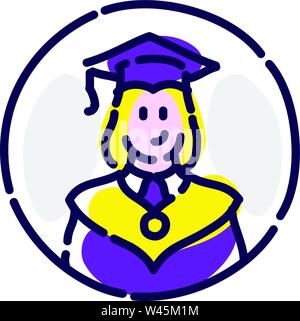 A student in a robes. Vector flat icon. A graduate of school, college. Image is isolated on white background. Corporate identity. Mascot, a brand for Stock Vector