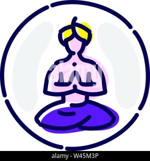 Yogi in the lotus position. Vector flat icon. Meditating yogi in a turban. Image is isolated on white background. Emblem of yoga studio, SPA. Mascot, Stock Vector