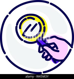 Magnifier in the hand. Vector flat icon. Image is isolated on white background. Corporate identity. Icon for website and print. Search in the hands of Stock Vector