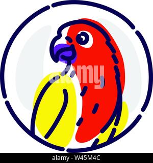 A cartoon parrot. Vector flat icon. Image is isolated on white background. A bird parrot in a circle. Symbol, emblem, brand, logo for the company. Mas Stock Vector