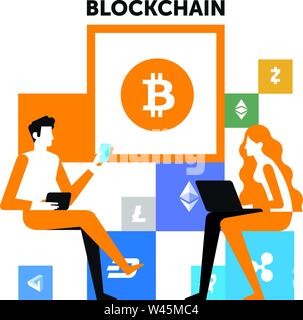 Design layout for Blockchain A man and a woman can crypt. Crypto currency icons. Poster, banner for print and web, about crypto currency and Blockchai Stock Vector