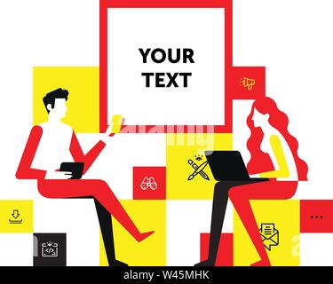 A man and a woman communicate at a meeting. Vector illustration, isolated on white background. Flat fashionable poster design, banner. A conversation Stock Vector