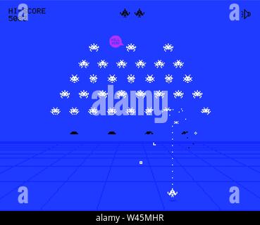 Game interface and game elements in pixel style art. Vector illustration. Stylish arcade about battles with space invaders. The classic game of the 80 Stock Vector