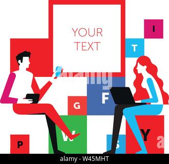 A man and a woman communicate at a meeting. Vector illustration, isolated on white background. A conversation between two people in social networks, w Stock Vector